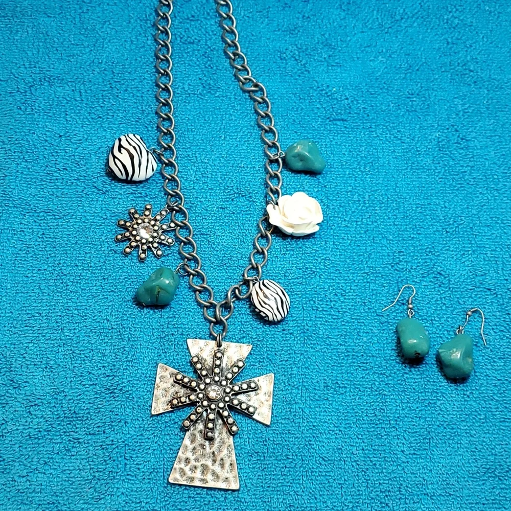 Western Style Cross Necklace and Earrings Set, Turquoise,  Zebra, Flower - Picture 5 of 10